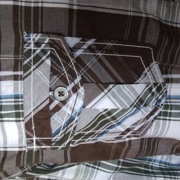 Various Artists Men's Button Down Shirt Brown Plaid size L Chest Pockets Cotton - Picture 3 of 11